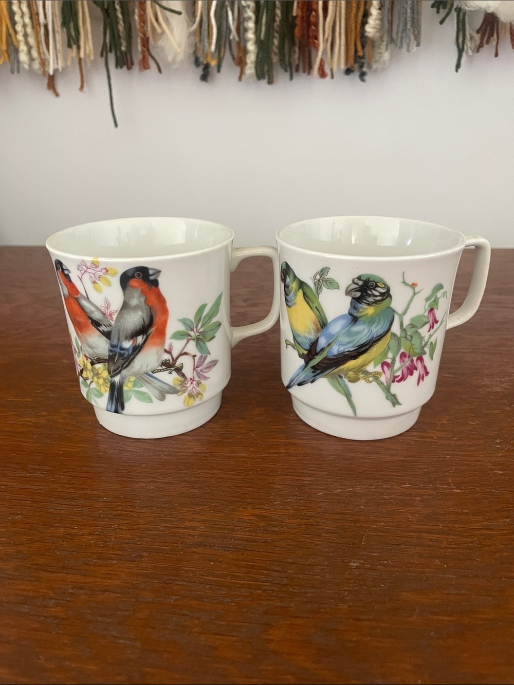 White Porcelain Bird-Print Mugs - Set of 2
